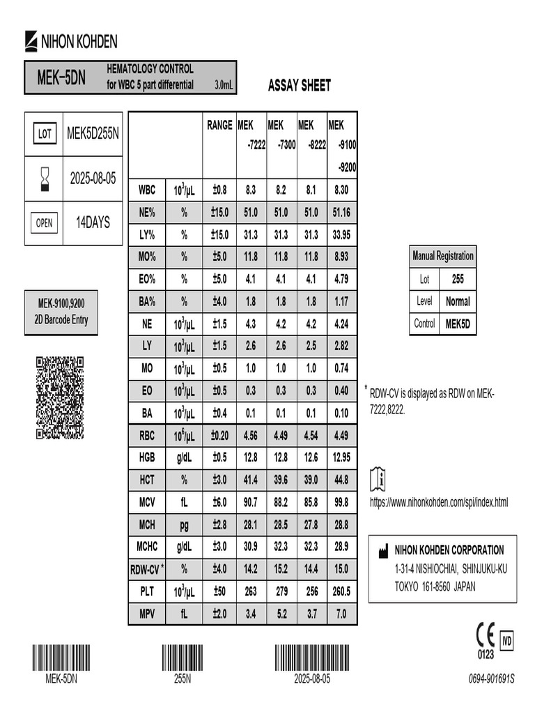 Hematology Control Assay Sheet | PDF