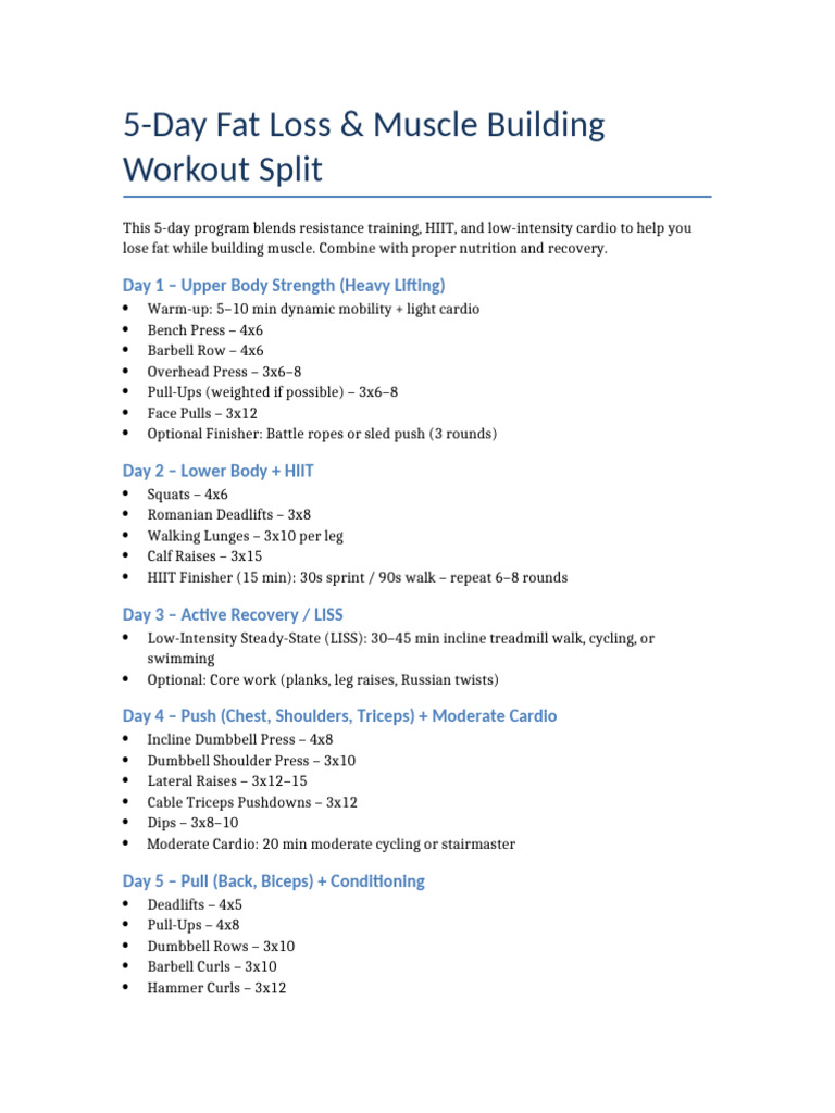5-Day Workout for Fat Loss & Muscle Gain | PDF