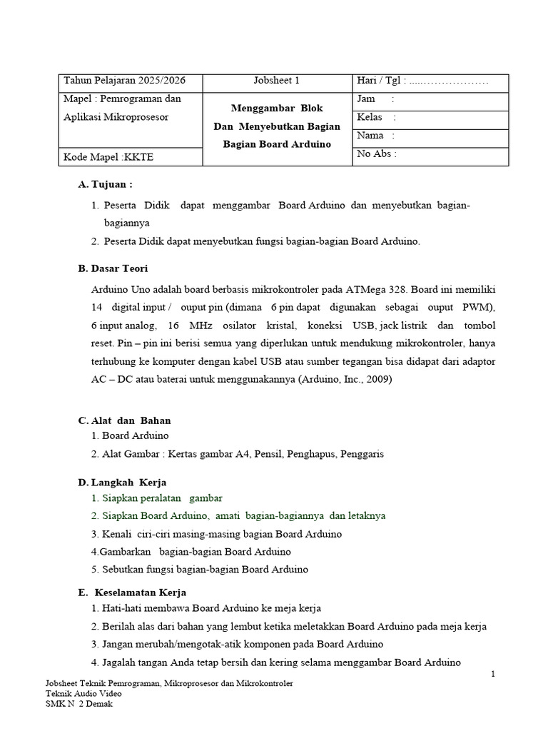 Jobsheet Pemrograman Arduino SMK N 2 Demak | PDF