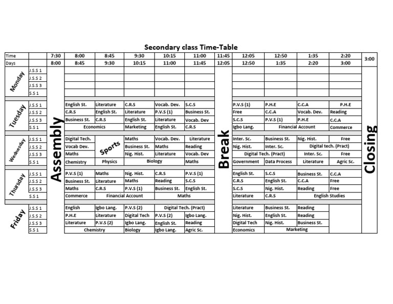 Secondary School Class Timetable | PDF