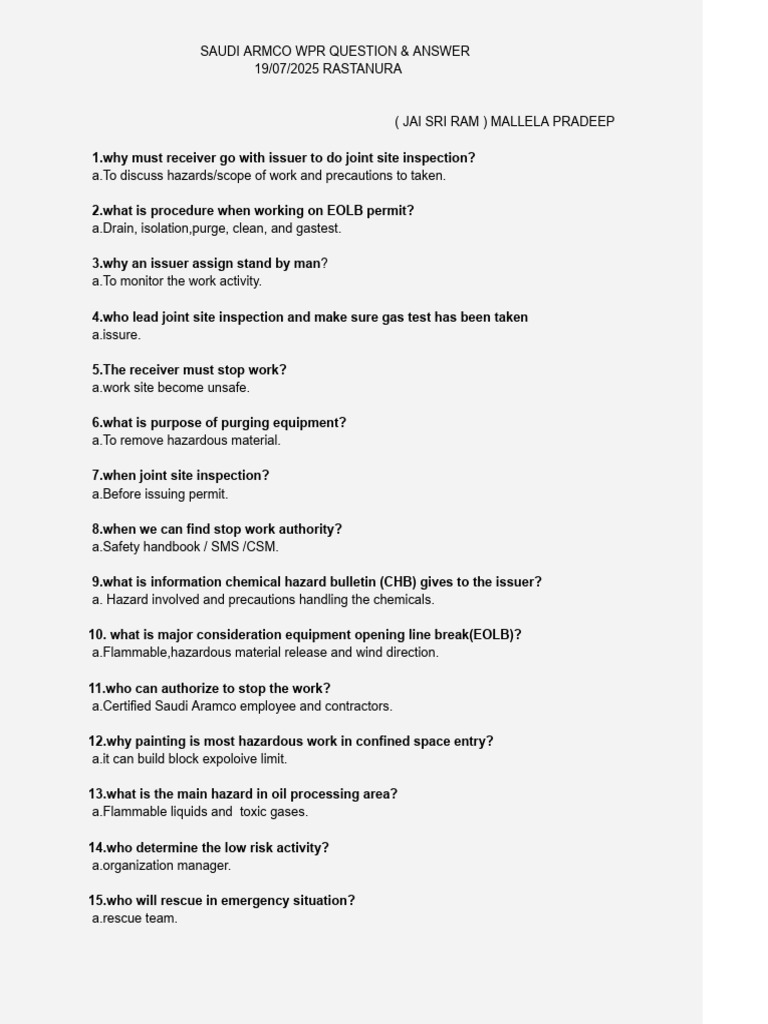 Aramco WPR Q&A Guide 2025 | PDF | Labor Relations | Safety