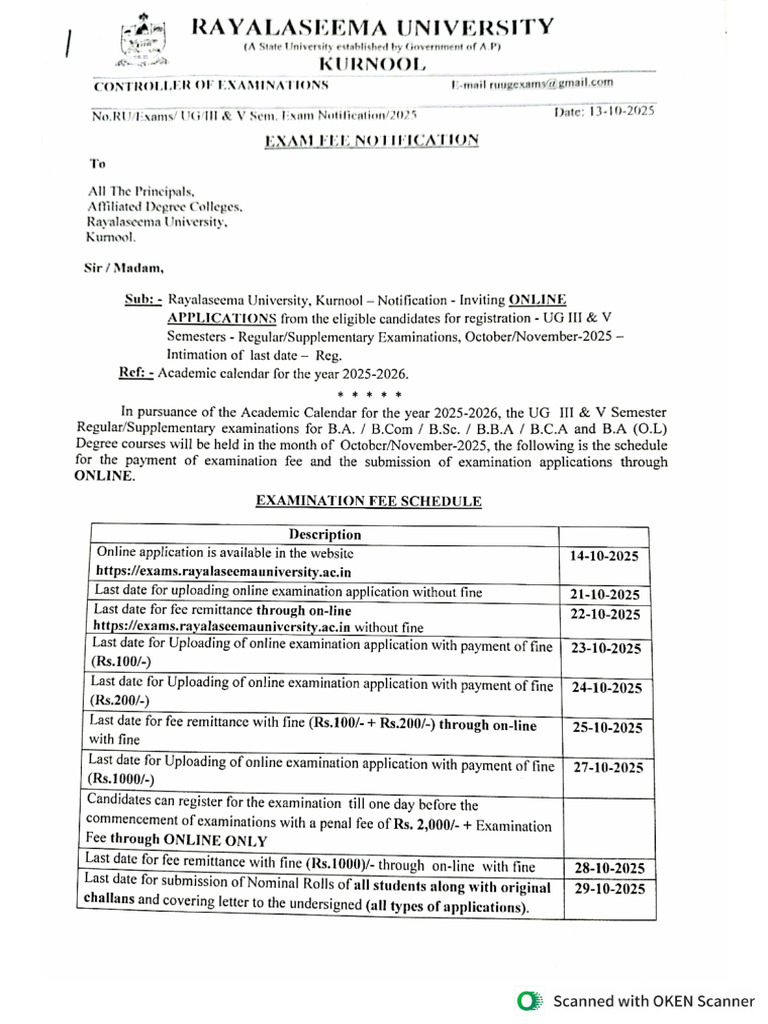 Exam Notification III & V Sem - OCTOBER - 2025 | PDF