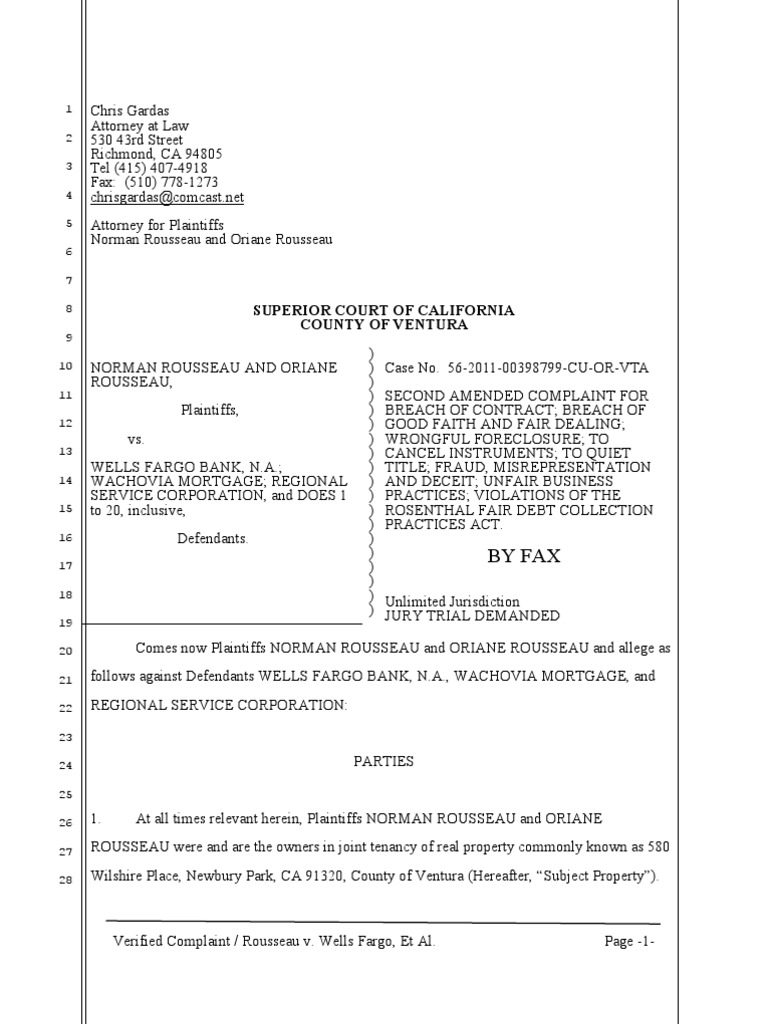 Rousseau V Wells Fargo Foreclosure Deed Of Trust Real Estate