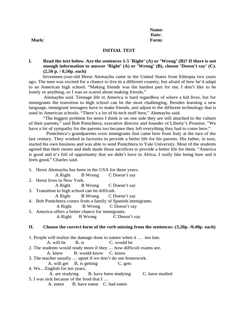 Test Initial Engleza Cls 9 B 2025-2026 | PDF