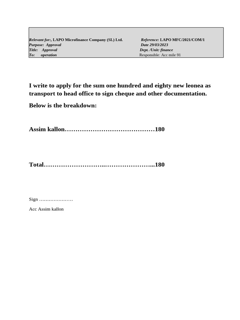 Transport Fund Approval Request | PDF