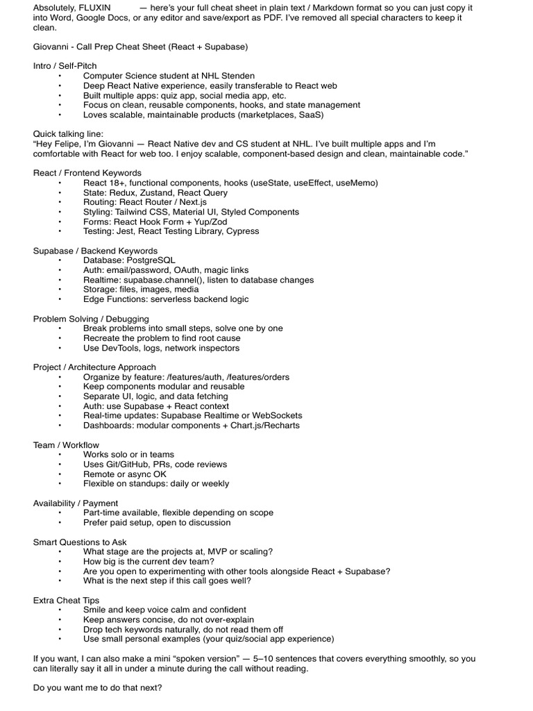Giovanni's React & Supabase Call Prep Guide | PDF | Systems ...