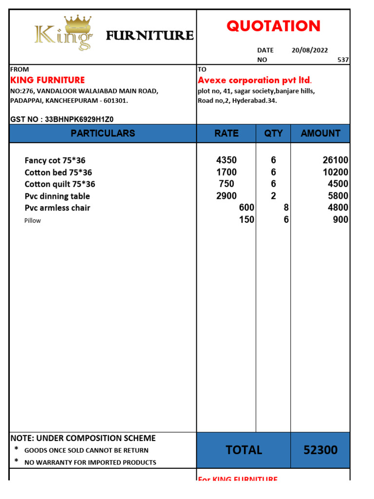 Furniture Quotation from King Furniture | PDF