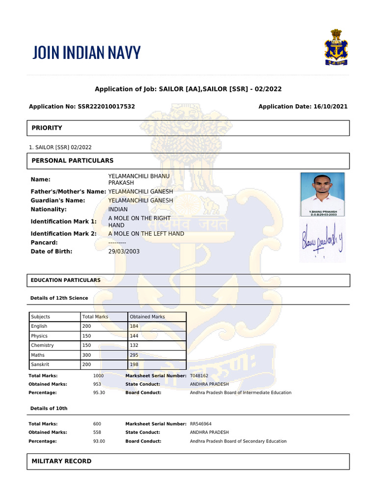 Indian Navy Sailor Application 2022 | PDF | Justice | Crime & Violence