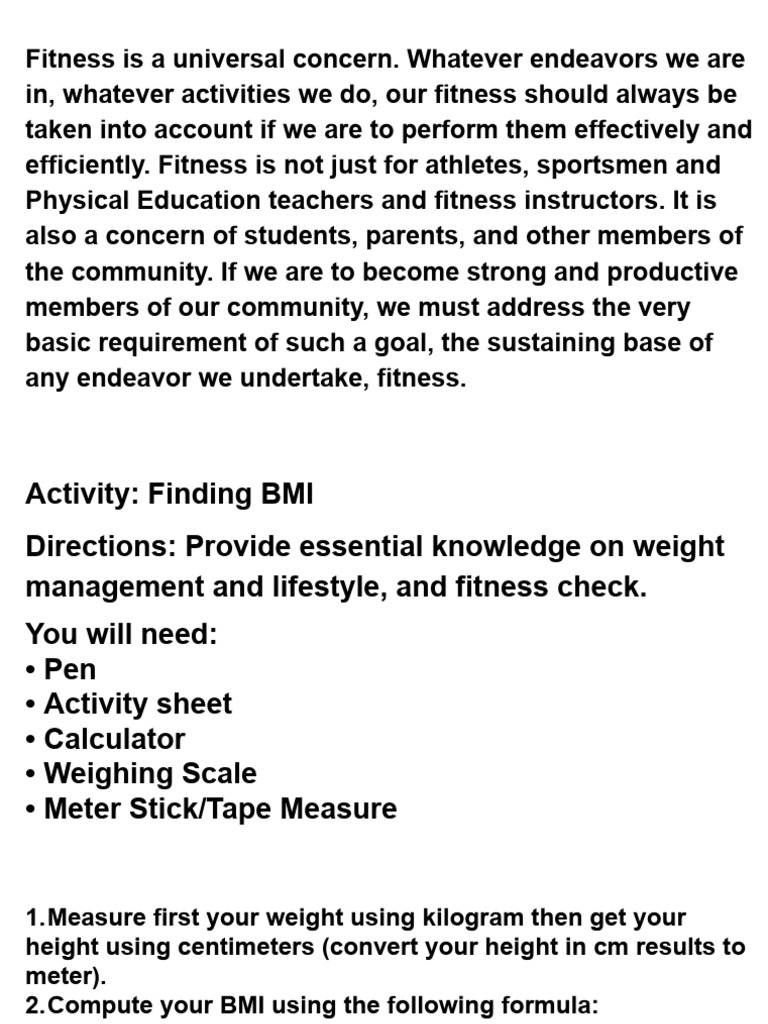 Fitness Assessment and BMI Calculation Guide | PDF