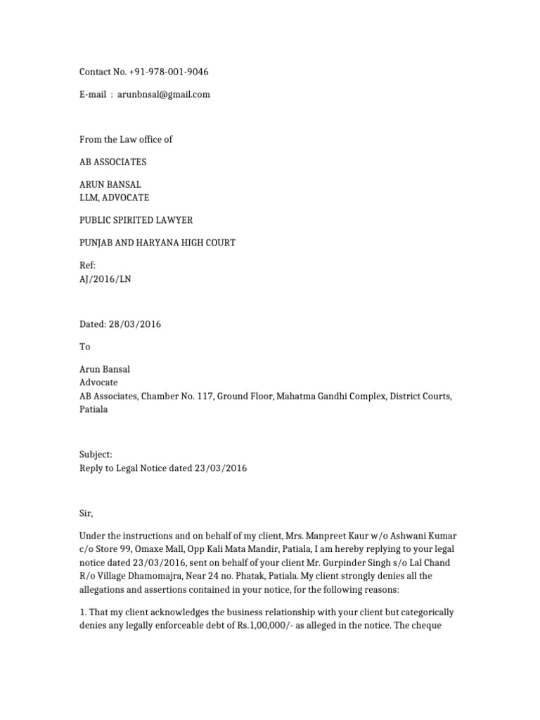 Legal Notice Response for Debt Dispute | PDF | Justice | Crime & Violence