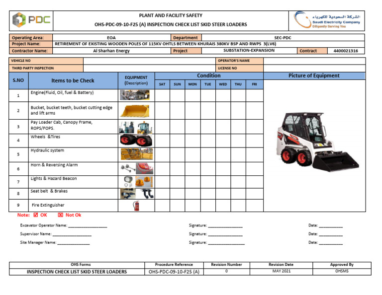 Ohs-Pdc-09-10-F25 (A) Daily Inspection Checklist - Skid Steer Loaders ...