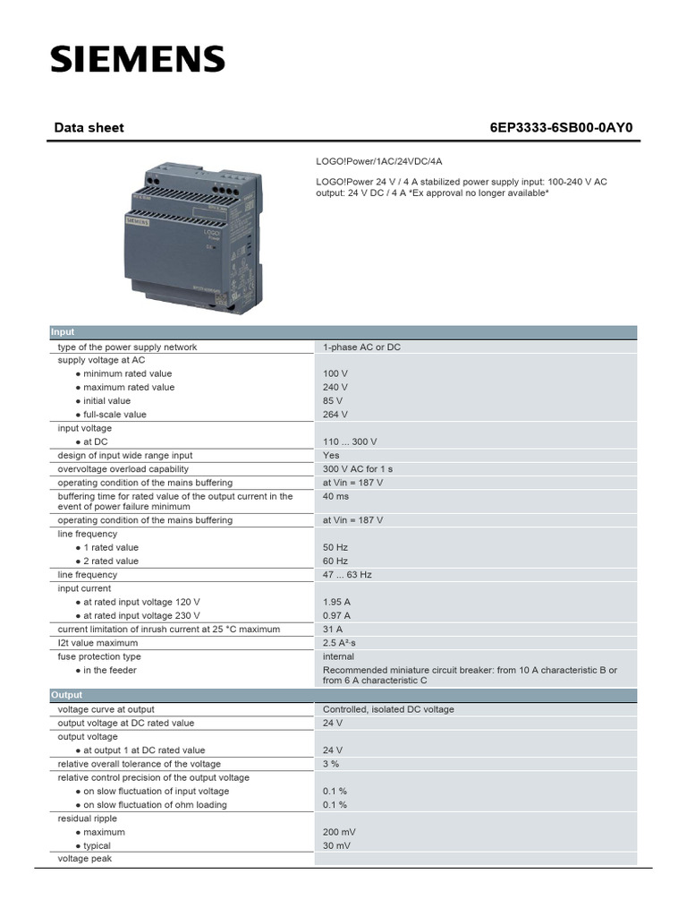 Siemens 6EP33336SB000AY0 Data Sheet | PDF | Power Supply | Mains ...