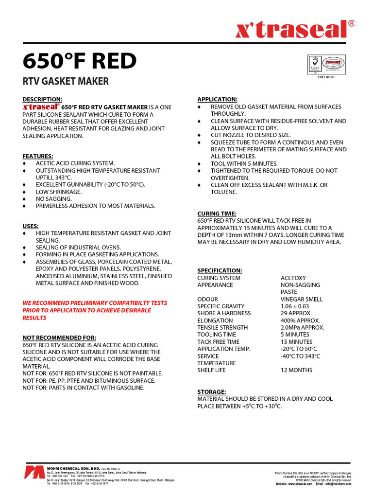 650°F Red RTV Gasket Maker Overview | PDF | Silicone | Materials