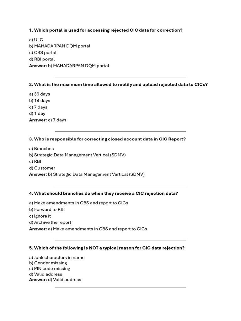 MCQ On CIC Data Cleaning | PDF | Data Quality | Personal Identification ...