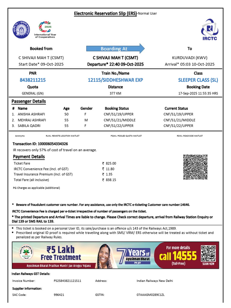 IRCTC E-Ticket Reservation Details | PDF | Identity Document | Payments