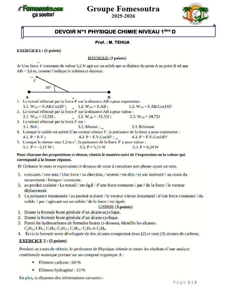 Devoir 1 Physique Chimie 1ère D 2025-2026 | PDF