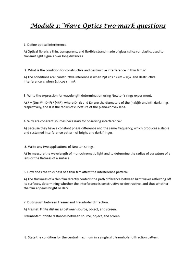 Wave Optics: Key Concepts & Questions | PDF | Diffraction ...