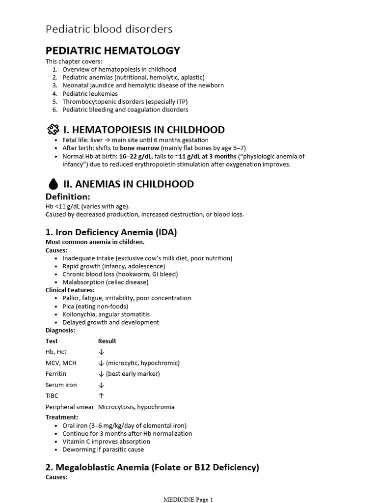 Pediatric Hematology Overview and Disorders | PDF | Anemia | Leukemia