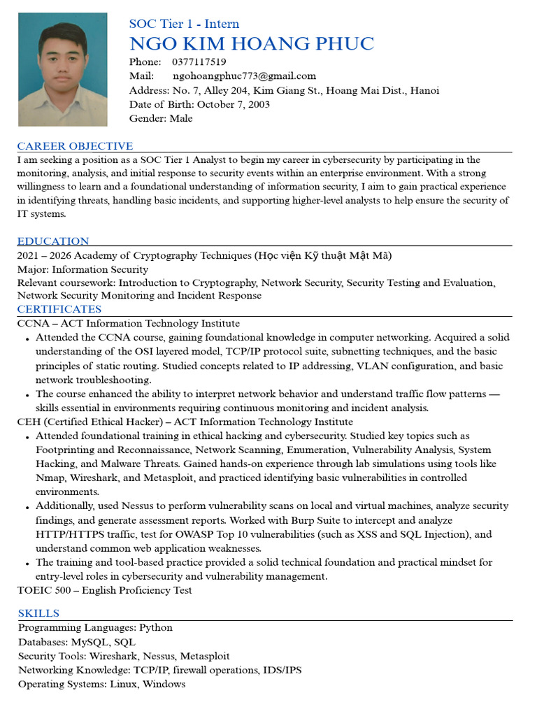 Entry-Level SOC Analyst Resume | PDF | Security | Computer Security