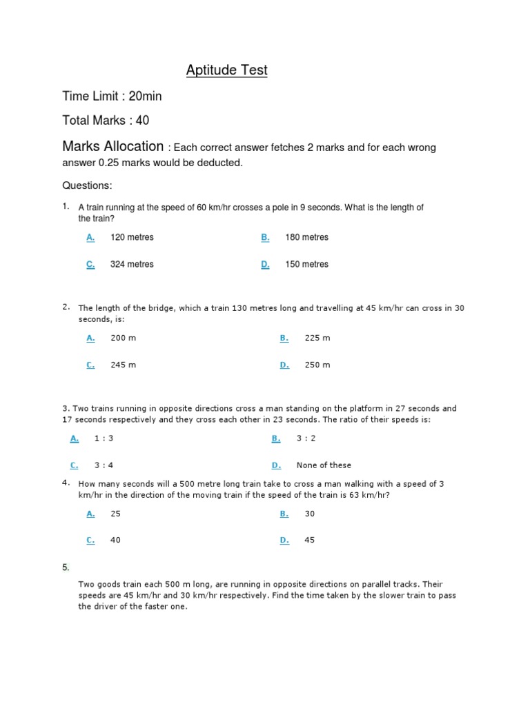 Aptitude Test: Time Limit: 20min Total Marks: 40 | PDF