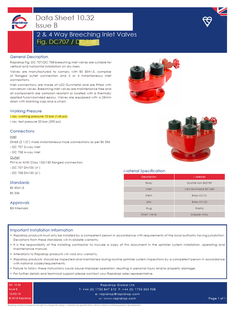 2 & 4 Way Breeching Inlet Valves Data Sheet | PDF | Valve | Brass