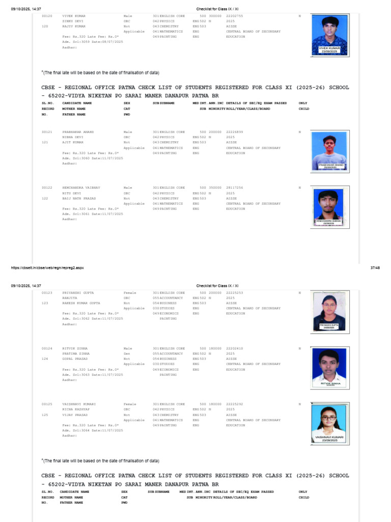 CBSE Class XI Registration List 2025-26 | PDF | Educational Assessment ...