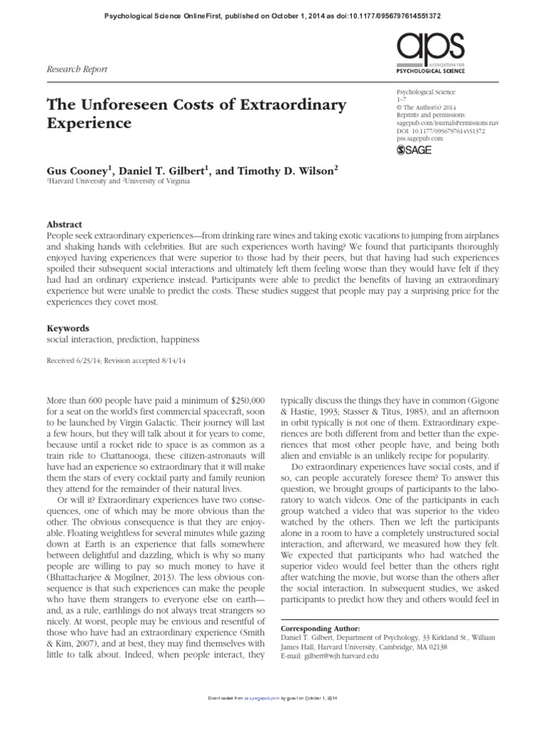 Unforeseen Costs of Extraordinary Experience PDF Spaceflight