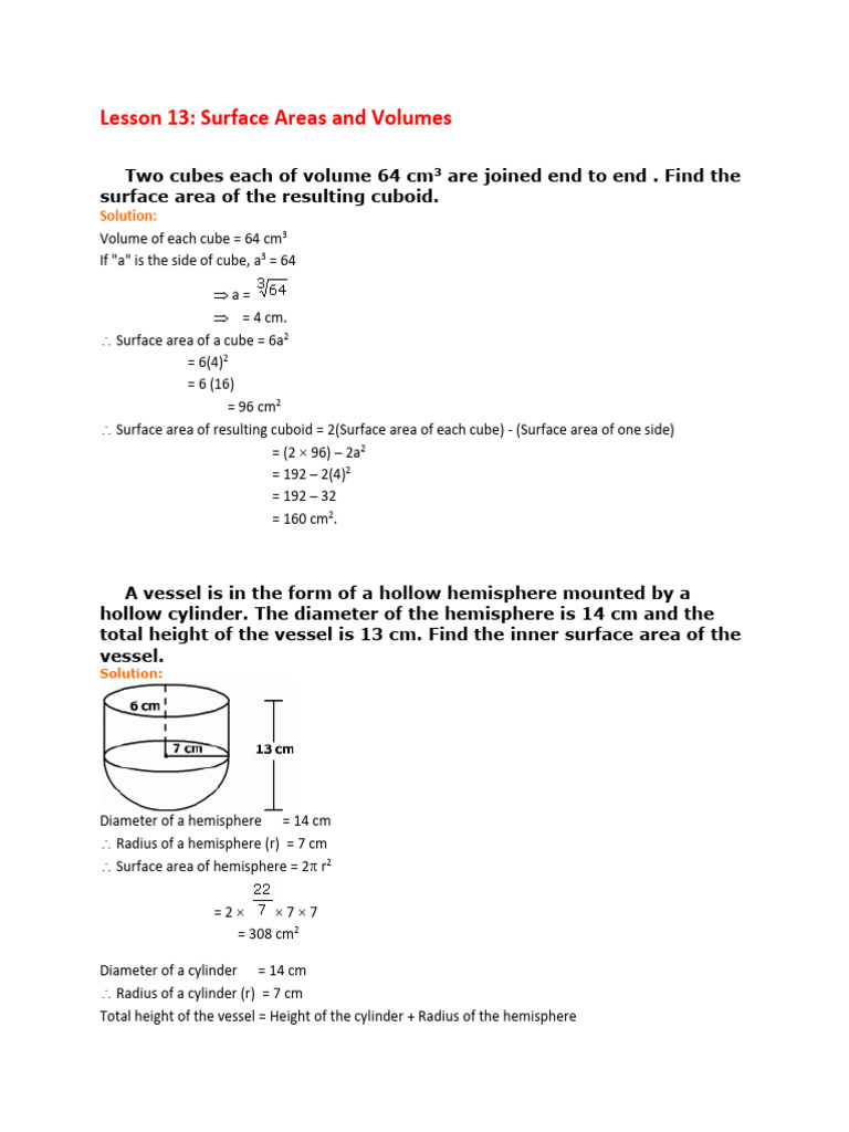 Surface Areas and Volumes Calculations | PDF | Sphere | Volume