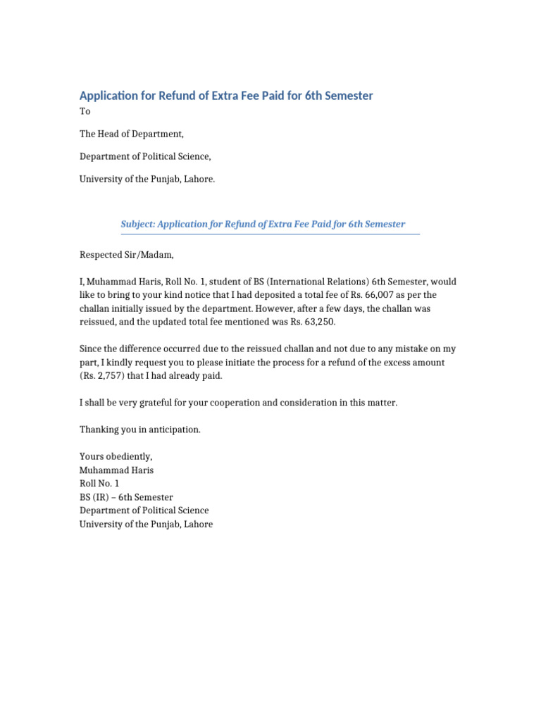 Application For Fee Refund Muhammad Haris | PDF