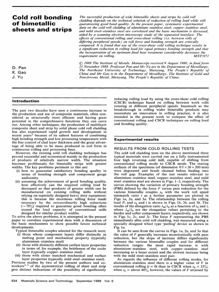 Cold Roll Cladding of Bimetallic Sheets | PDF | Rolling (Metalworking ...