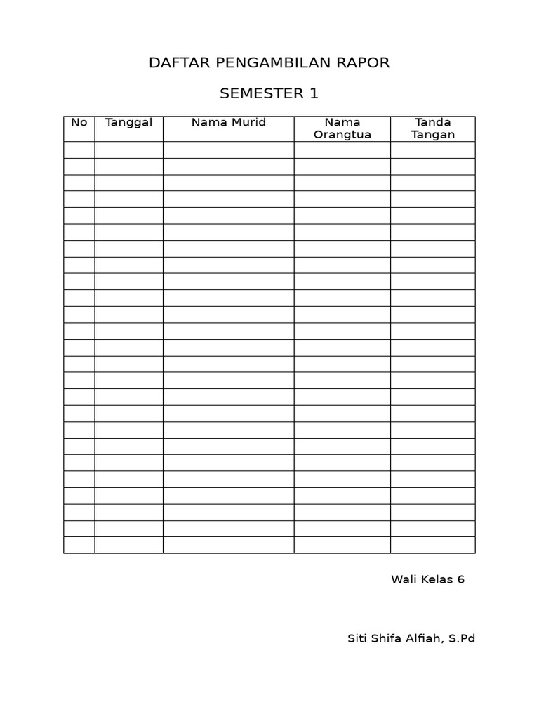 Daftar Pengambilan Rapor - Wali Kelas | PDF