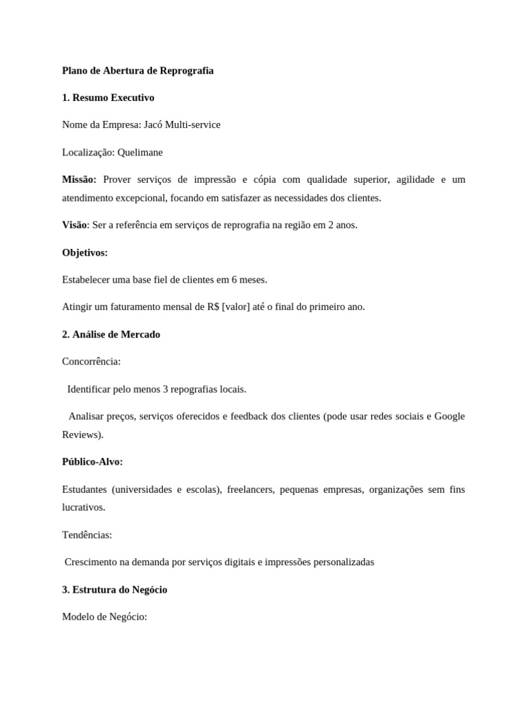 Plano de Abertura de Reprografia | PDF | Marketing | Impressão