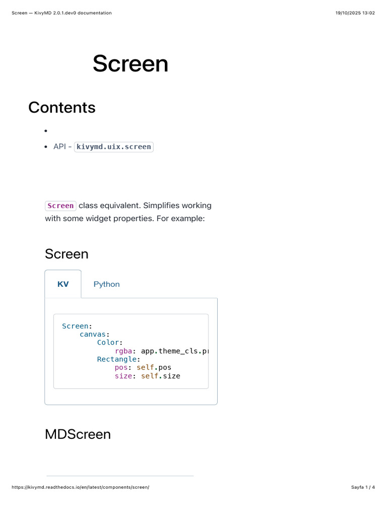 KivyMD MDScreen Documentation Guide | PDF | Computer Programming ...