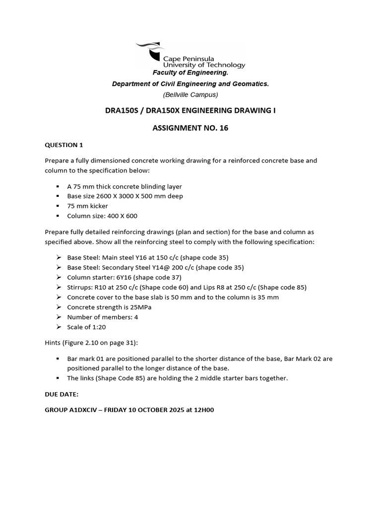 Dra150x Drawing Assignment 16 B (Reinforced Concrete) | PDF