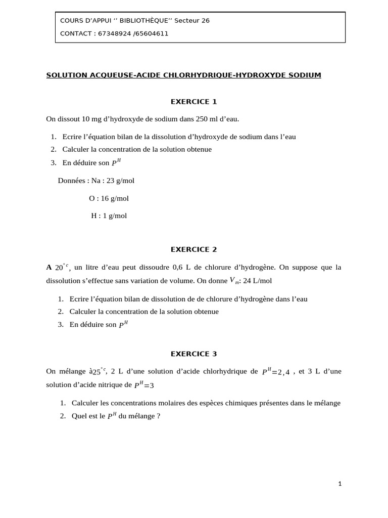 Exercices de Chimie : Solutions Acides et Bases | PDF | Hydroxyde de ...