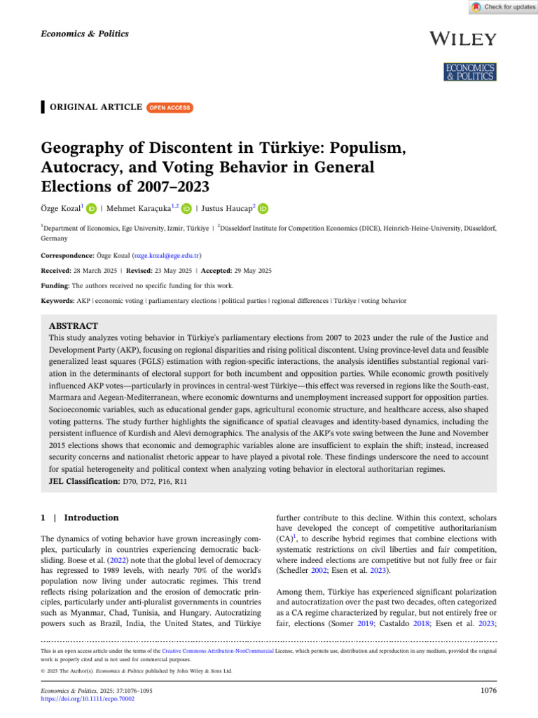 Economics Politics - 2025 - Kozal - Geography of Discontent in T Rkiye ...