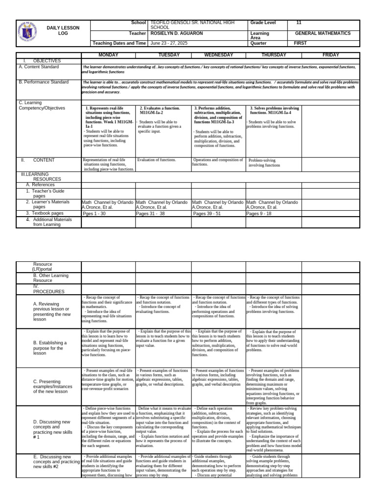 Grade 11 General Mathematics Lesson Plan | PDF | Function (Mathematics ...