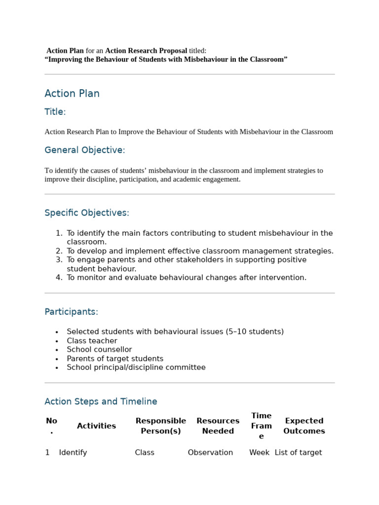 Action Plan for Classroom Behaviour Improvement | PDF | Teachers | Behavior