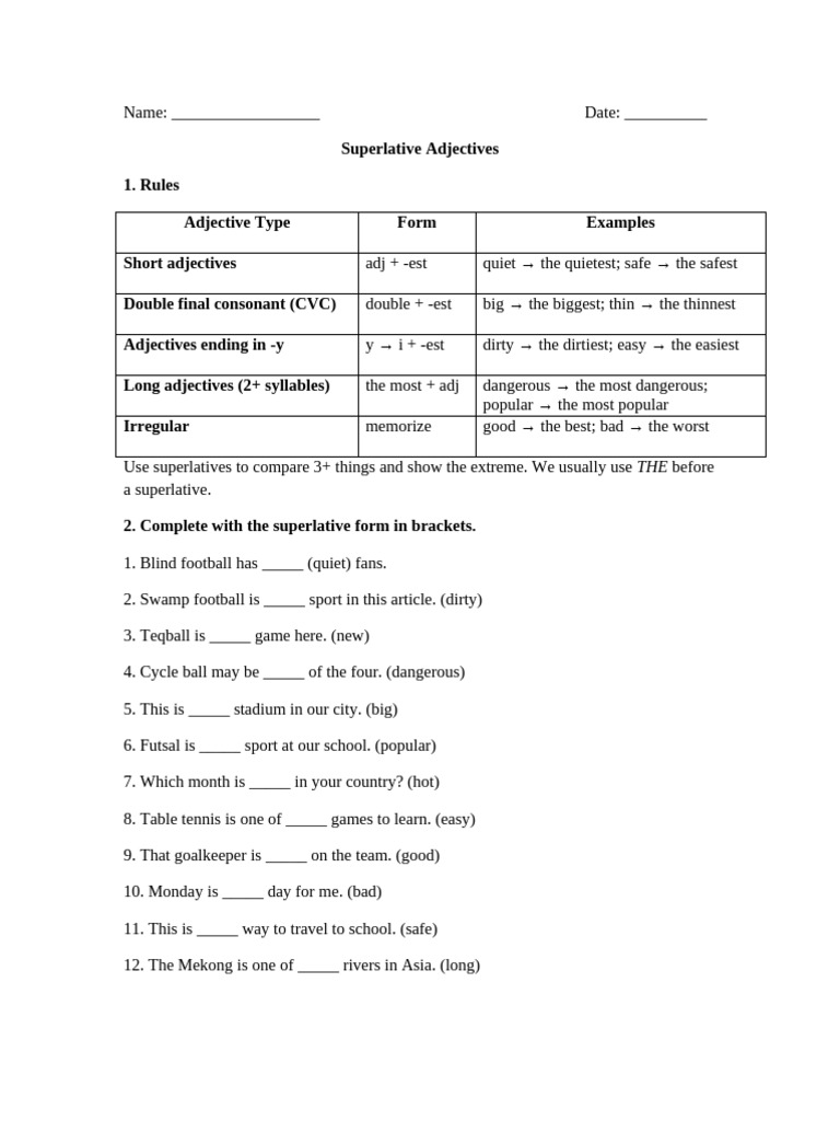 Superlative Adjectives Guide and Exercises | PDF | Chess | Chess Theory