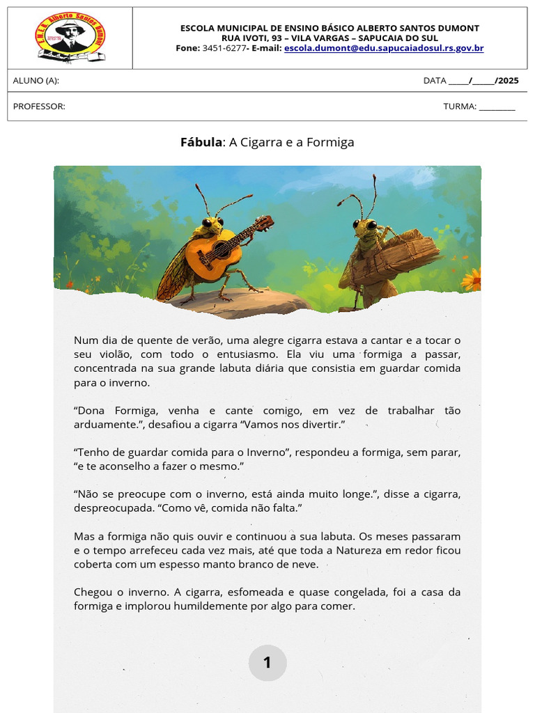 Fábula da Cigarra e da Formiga: Moral e Atividades | PDF | Formiga ...