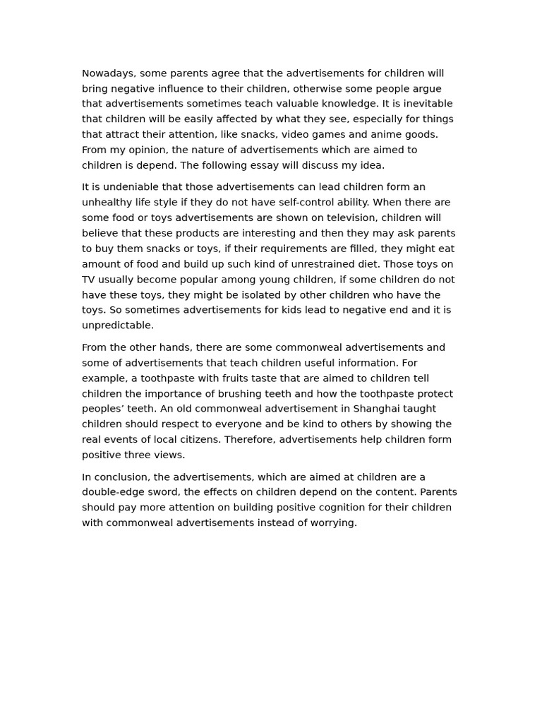 Impact of Advertisements on Children | PDF