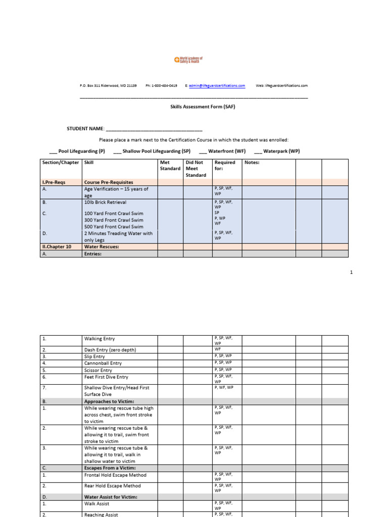 Lifeguard Skills Assessment Form | PDF