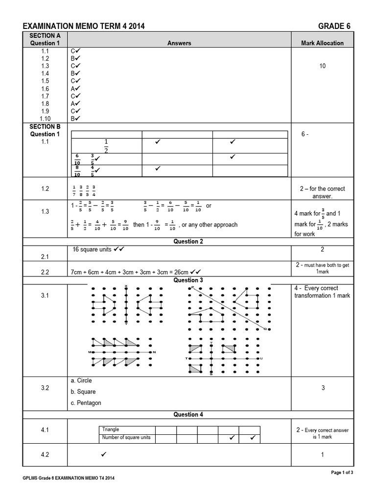 Grade 6 Term 4 Exam Memo 2014 | PDF | Length | Mathematical Concepts