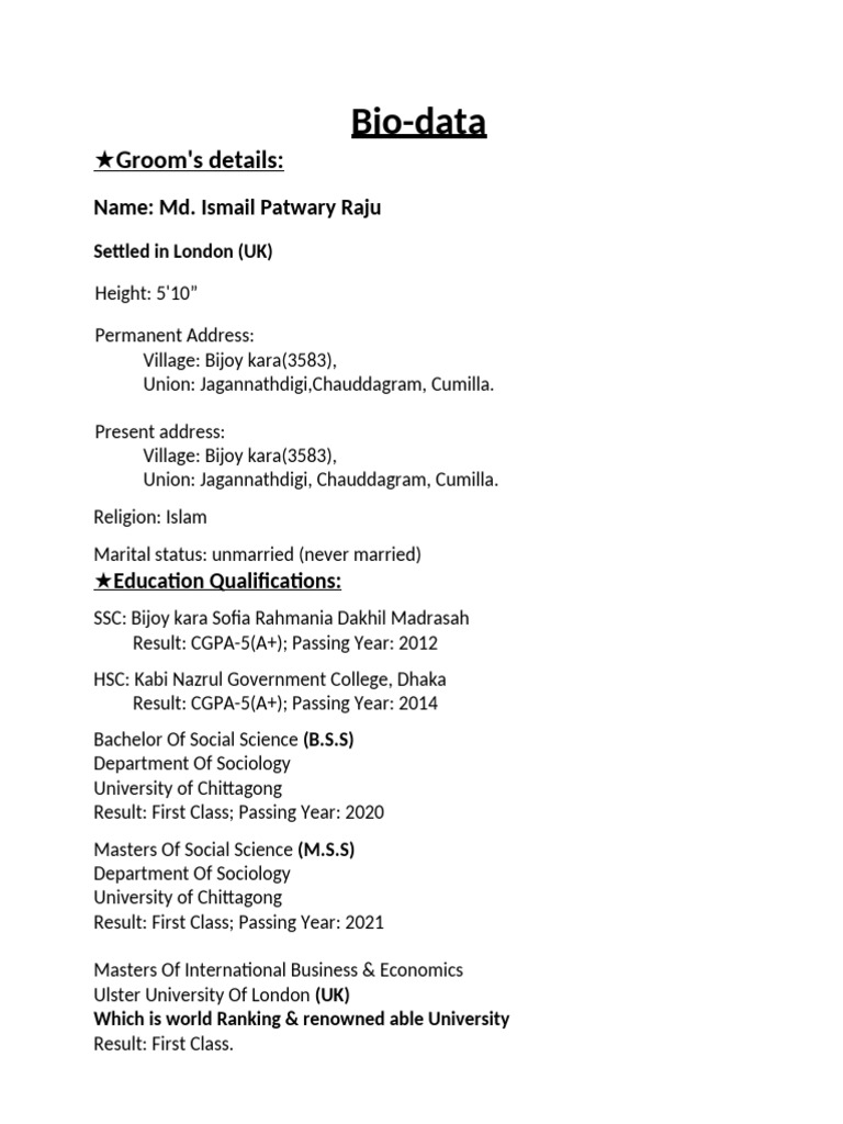 Md. Ismail Patwary Raju Bio-data | PDF | Qualifications