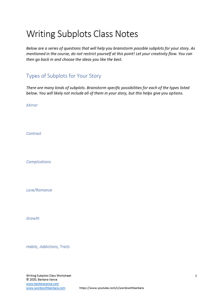Subplot Brainstorming Worksheet | PDF | Plot (Narrative)
