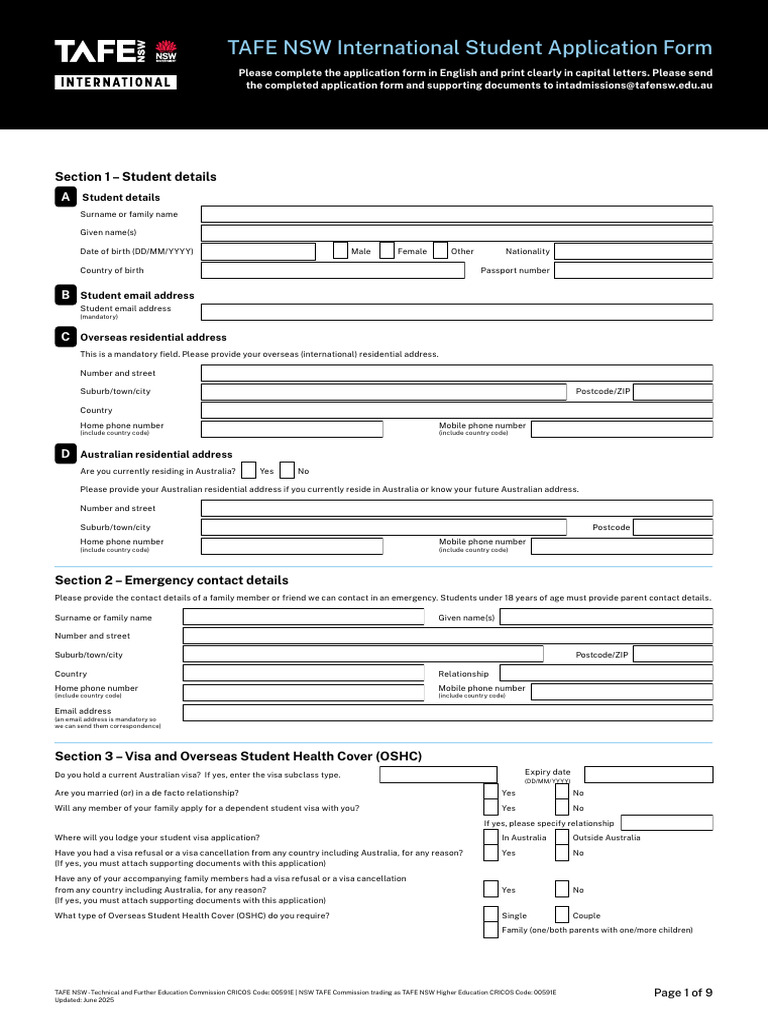 TAFE International Student Application Form | PDF | Fee