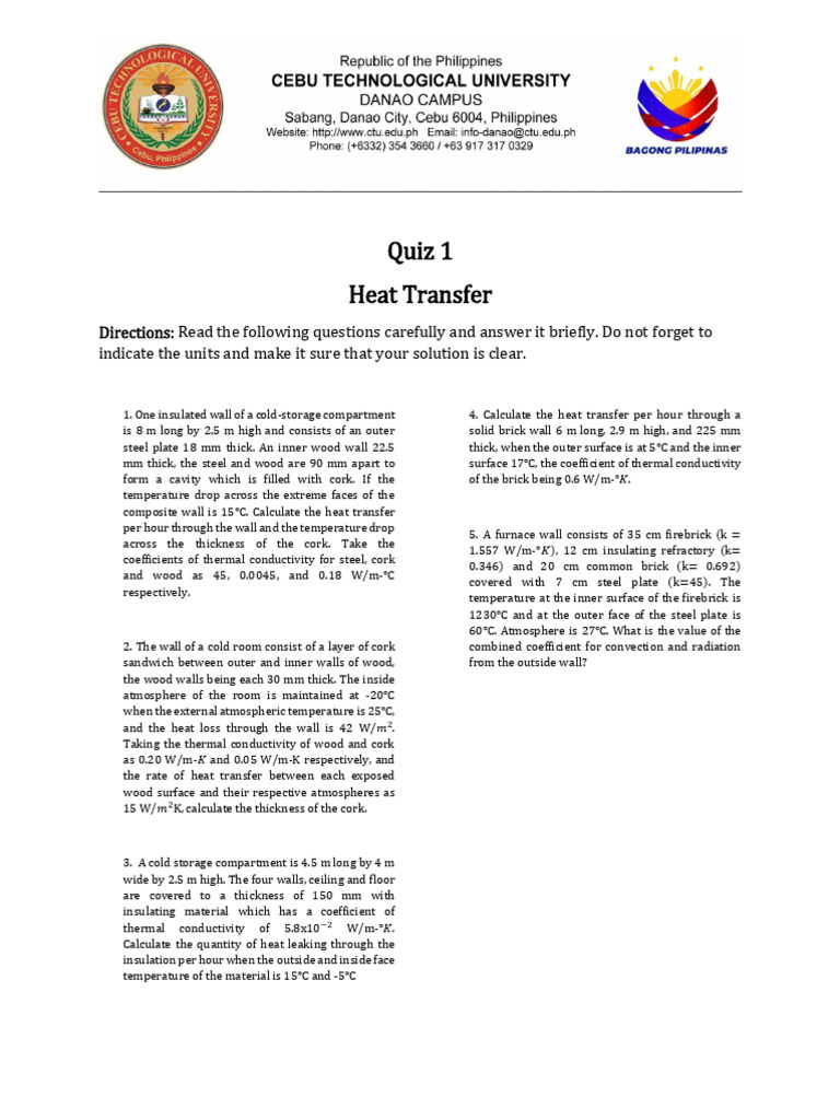 Heat Transfer Calculations Quiz | PDF | Heat Transfer | Thermal Insulation
