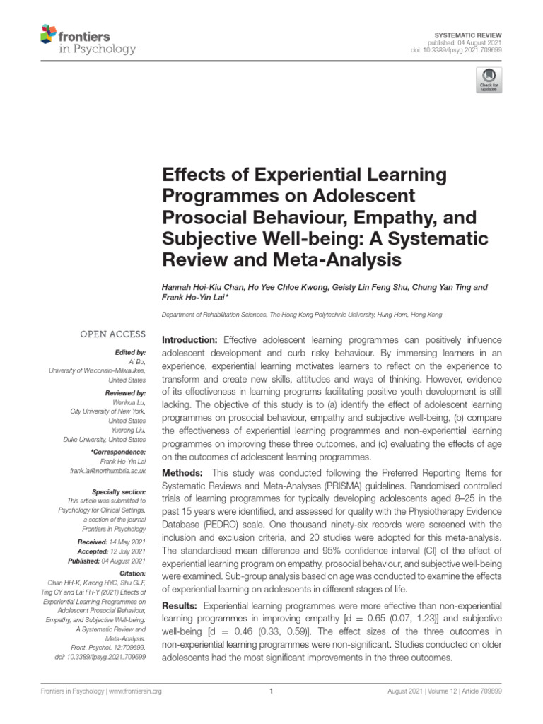 Effects of Experiential Learning on Adolescents | PDF | Systematic ...