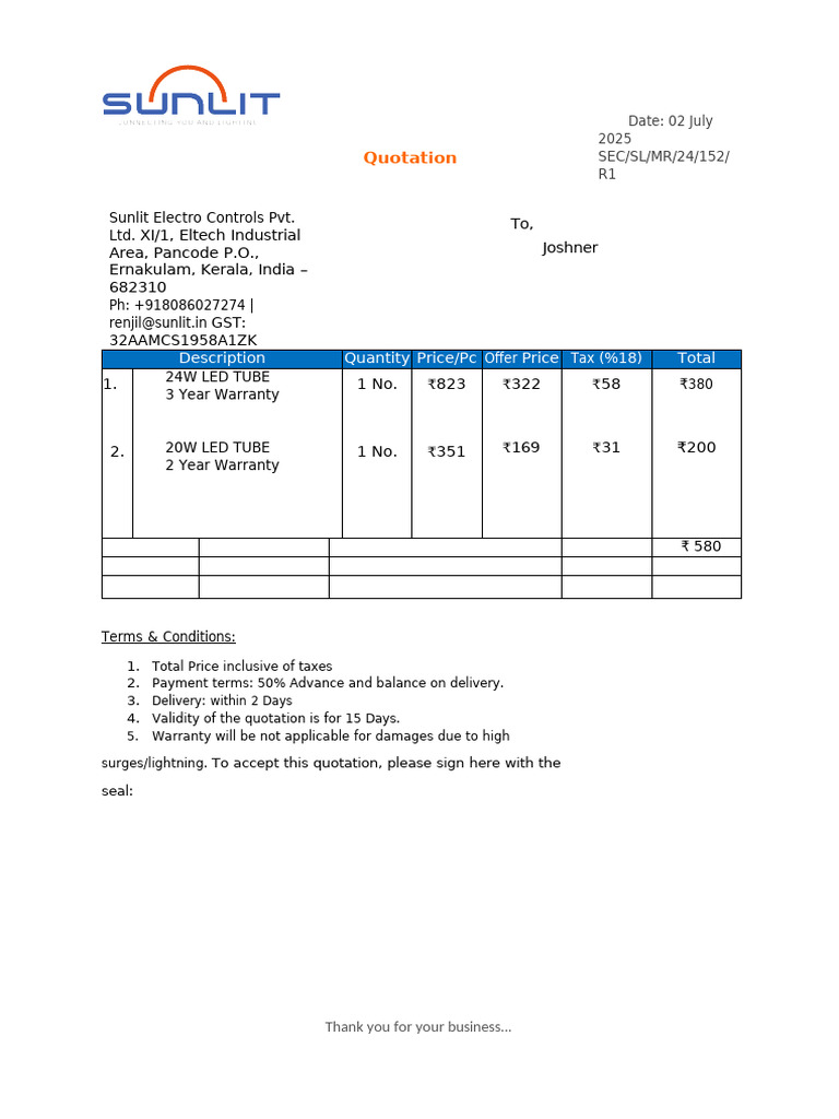 Quotation for LED Tube Lights | PDF