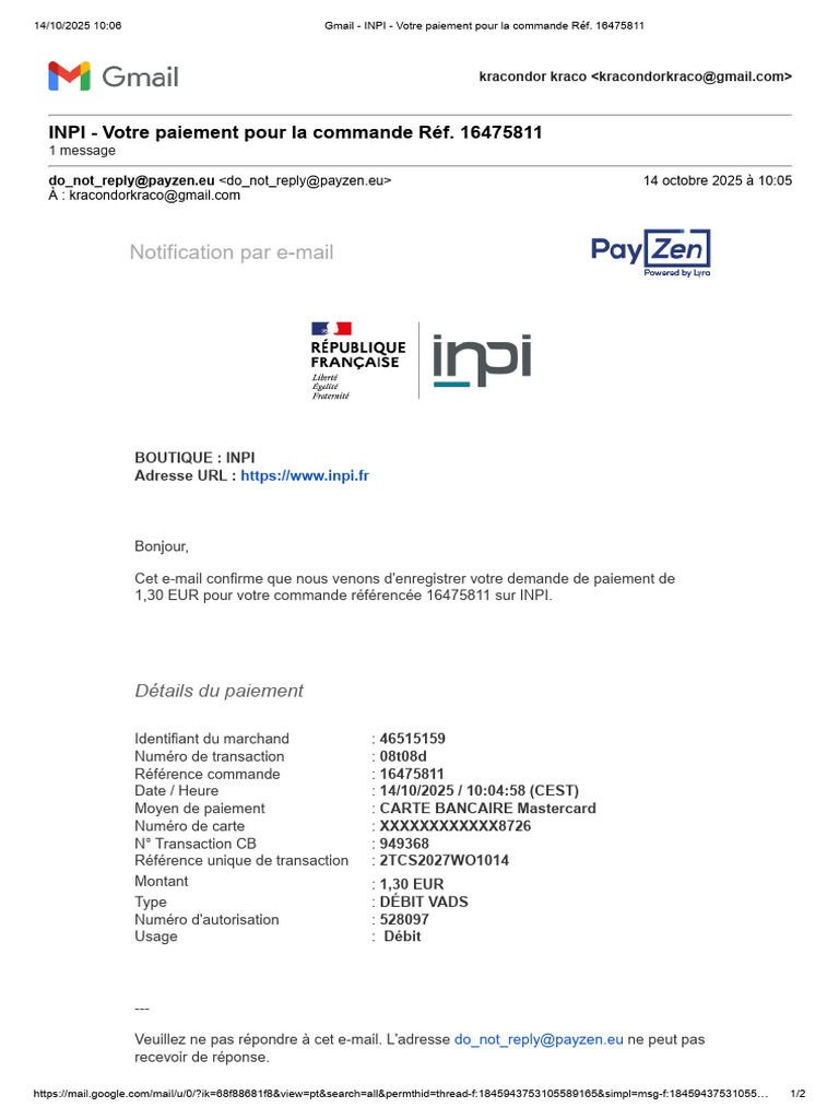 Confirmation de paiement INPI Réf. 16475811 | PDF | Paiements ...